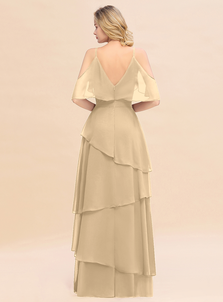 Cold-Shoulder Layers Chiffon Floor-Length Dress-koscy