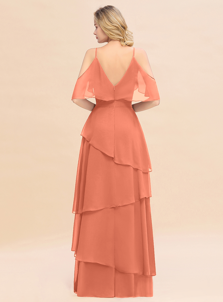 Cold-Shoulder Layers Chiffon Floor-Length Dress-koscy