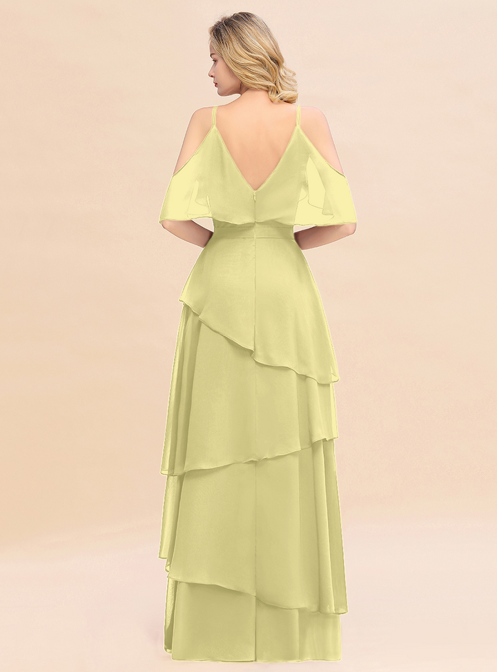 Cold-Shoulder Layers Chiffon Floor-Length Dress-koscy