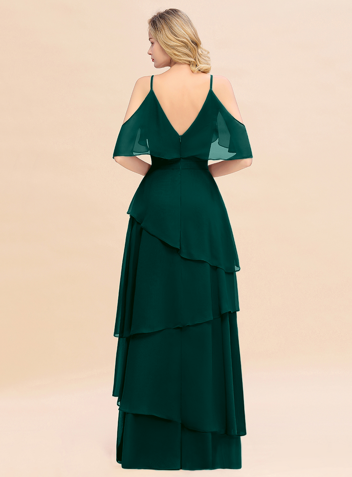 Cold-Shoulder Layers Chiffon Floor-Length Dress-koscy