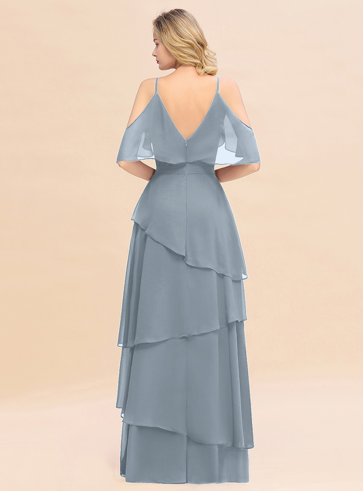 Cold-Shoulder Layers Chiffon Floor-Length Dress-koscy