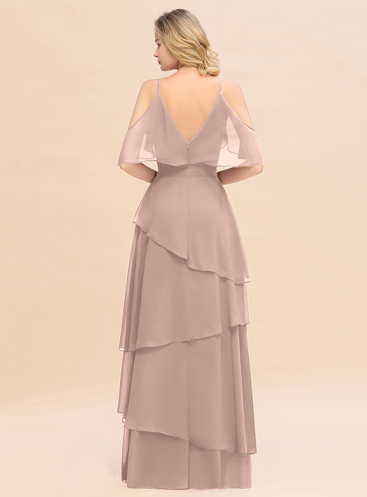 Cold-Shoulder Layers Chiffon Floor-Length Dress-koscy