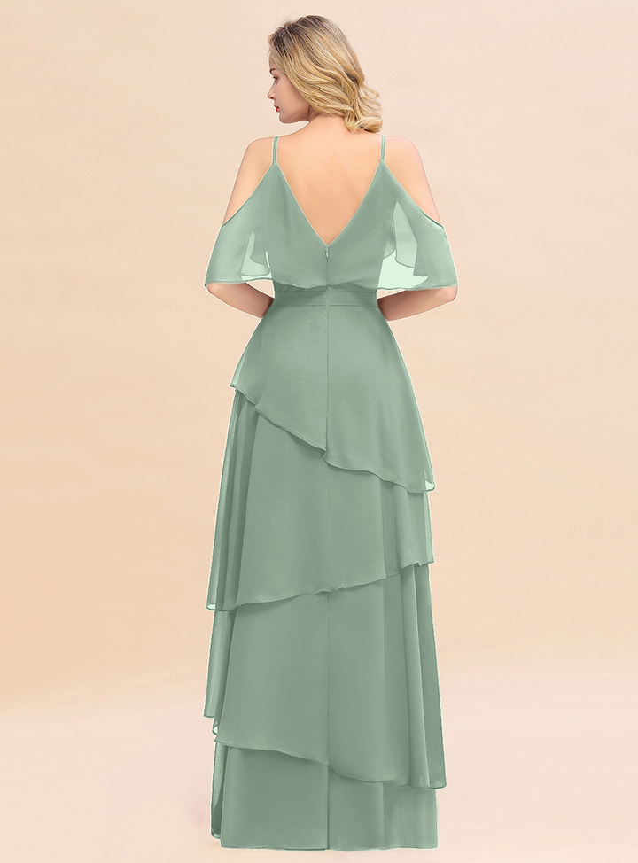 Cold-Shoulder Layers Chiffon Floor-Length Dress-koscy