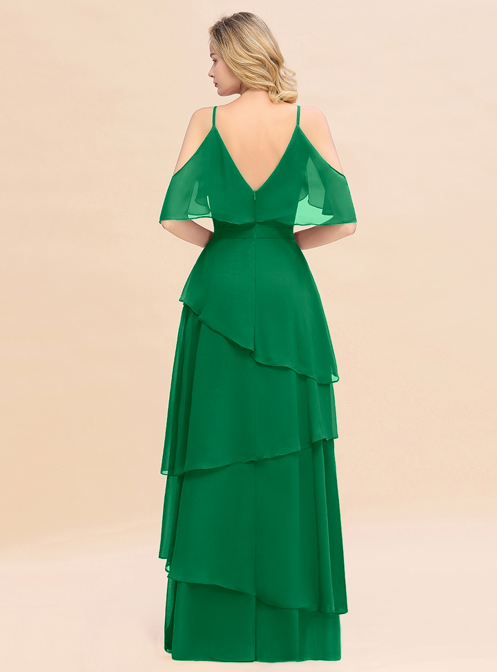 Cold-Shoulder Layers Chiffon Floor-Length Dress-koscy