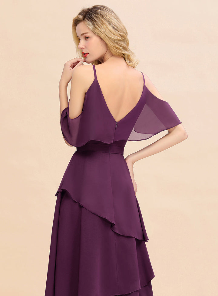 Cold-Shoulder Layers Chiffon Floor-Length Dress-koscy