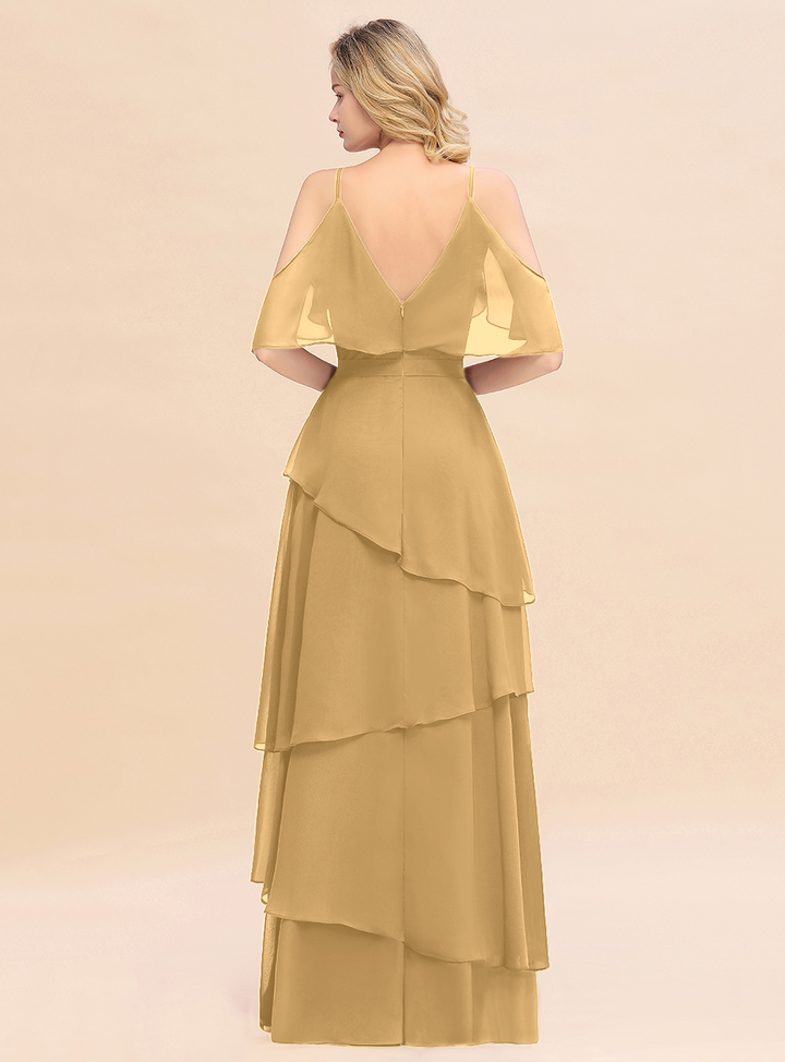 Cold-Shoulder Layers Chiffon Floor-Length Dress-koscy