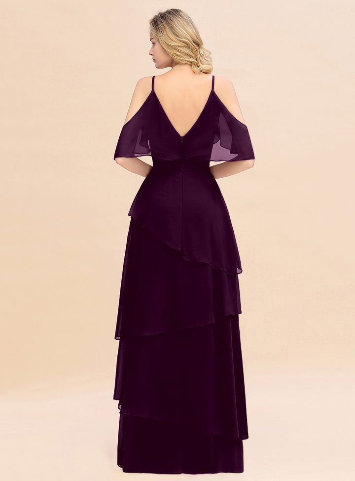 Cold-Shoulder Layers Chiffon Floor-Length Dress-koscy