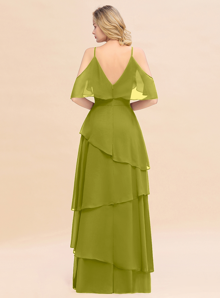 Cold-Shoulder Layers Chiffon Floor-Length Dress-koscy