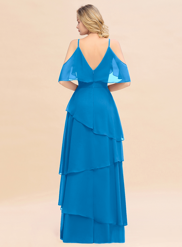 Cold-Shoulder Layers Chiffon Floor-Length Dress-koscy