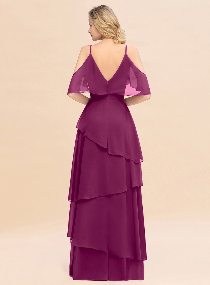 Cold-Shoulder Layers Chiffon Floor-Length Dress-koscy