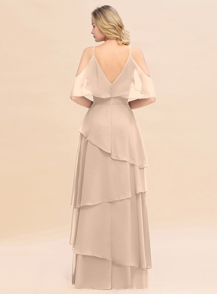 Cold-Shoulder Layers Chiffon Floor-Length Dress-koscy