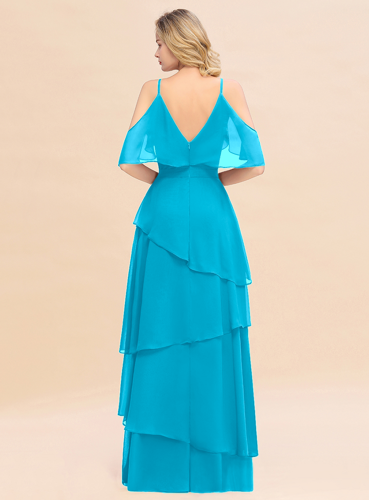 Cold-Shoulder Layers Chiffon Floor-Length Dress-koscy