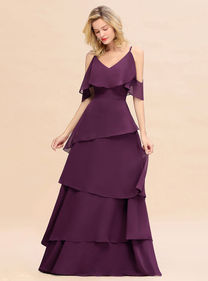 Cold-Shoulder Layers Chiffon Floor-Length Dress-koscy