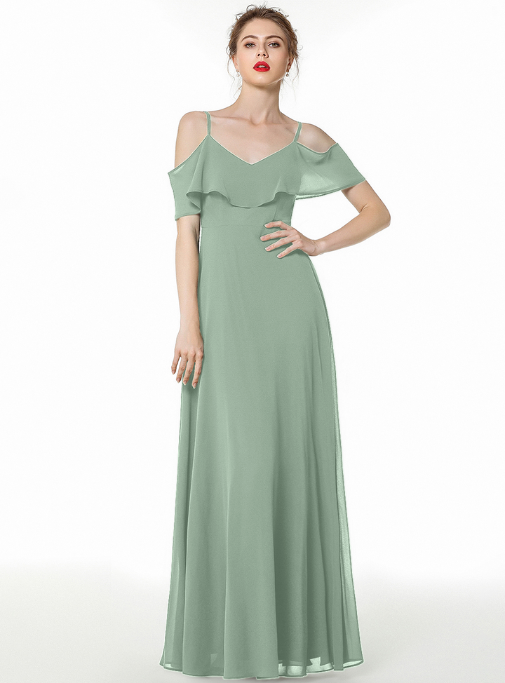 Cold-shoulder Pleated Chiffon Aline Floor-Length Dress Dark Green-koscy