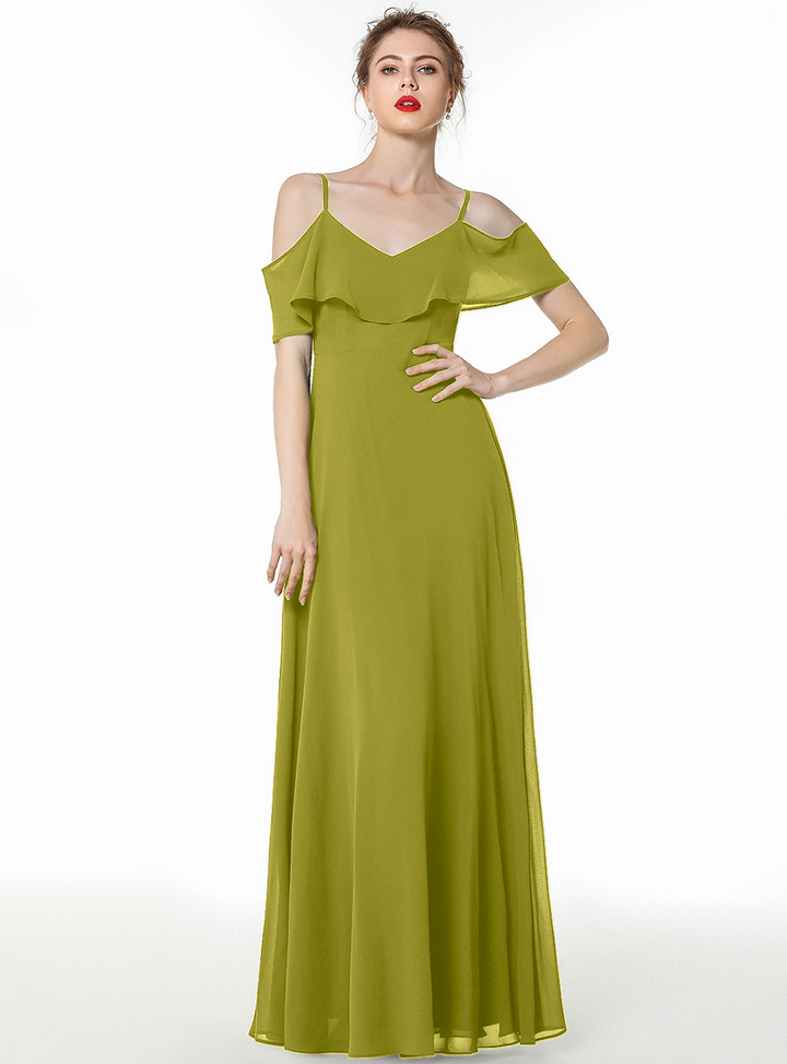 Cold-shoulder Pleated Chiffon Aline Floor-Length Dress Dark Green-koscy