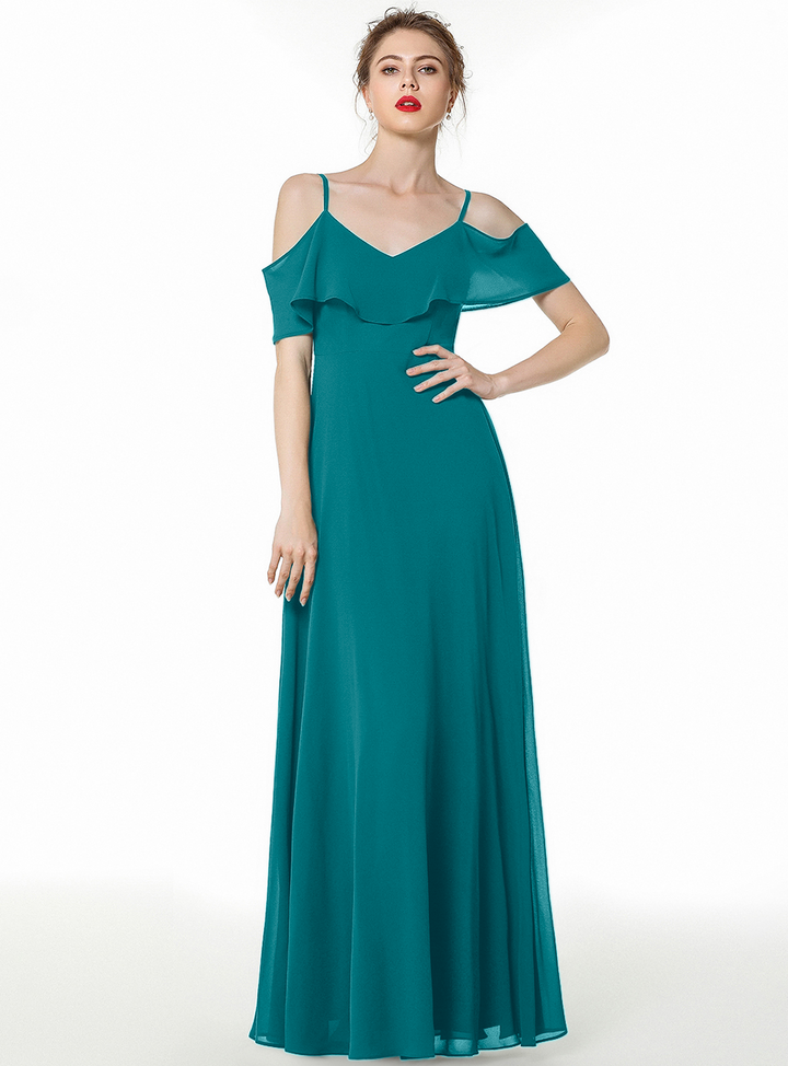 Cold-shoulder Pleated Chiffon Aline Floor-Length Dress Dark Green-koscy