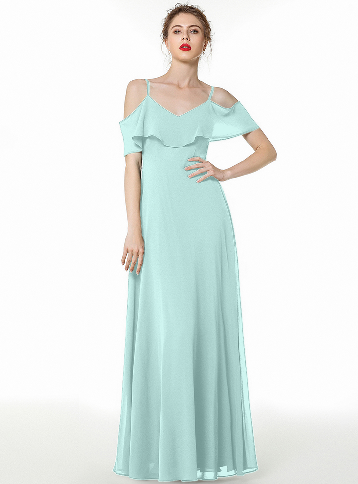 Cold-shoulder Pleated Chiffon Aline Floor-Length Dress Dark Green-koscy