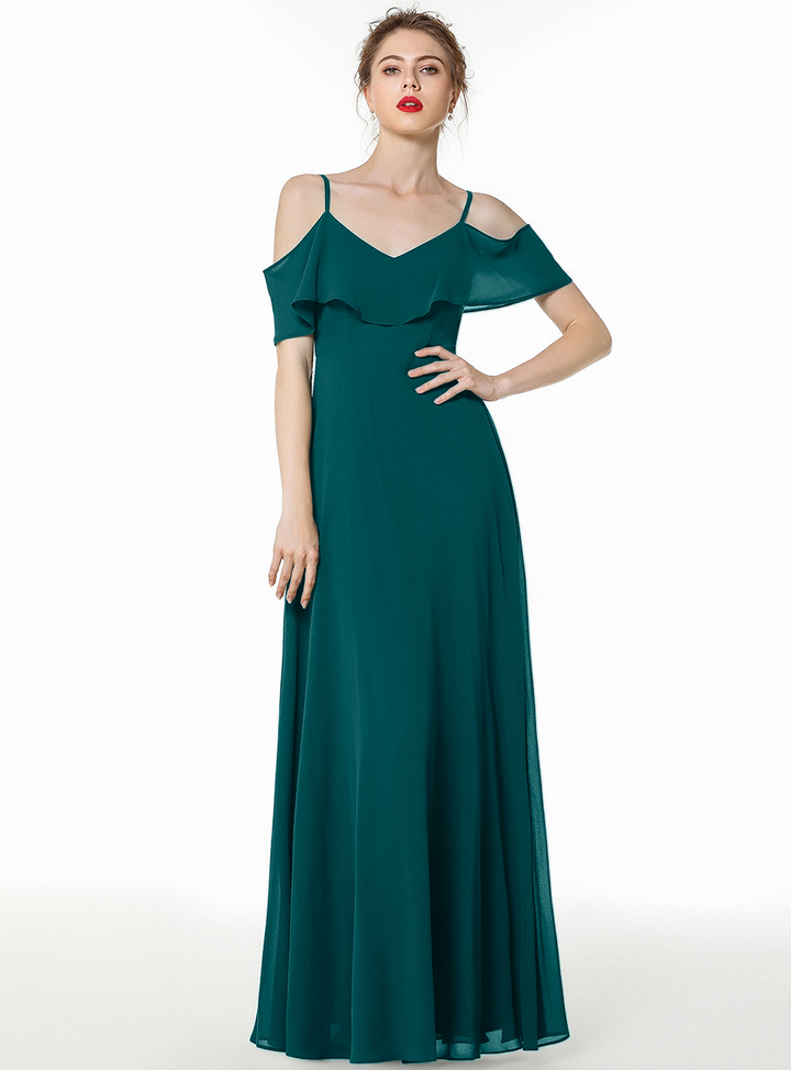 Cold-shoulder Pleated Chiffon Aline Floor-Length Dress Dark Green-koscy