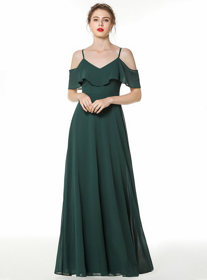 Cold-shoulder Pleated Chiffon Aline Floor-Length Dress Dark Green-koscy