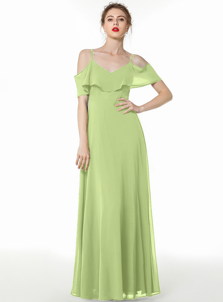 Cold-shoulder Pleated Chiffon Aline Floor-Length Dress Dark Green-koscy