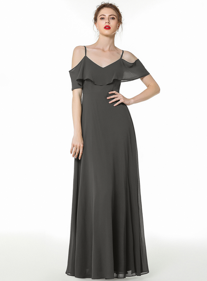 Cold-shoulder Pleated Chiffon Aline Floor-Length Dress Dark Green-koscy