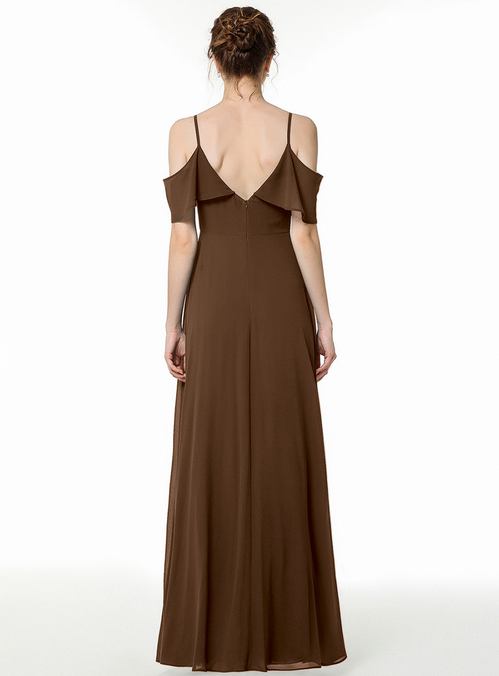 Cold-shoulder Pleated Chiffon Aline Floor-Length Dress Dark Green-koscy