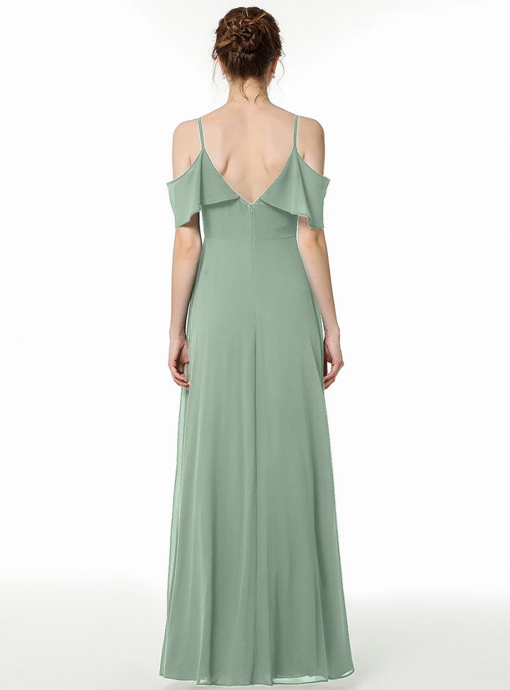 Cold-shoulder Pleated Chiffon Aline Floor-Length Dress Dark Green-koscy