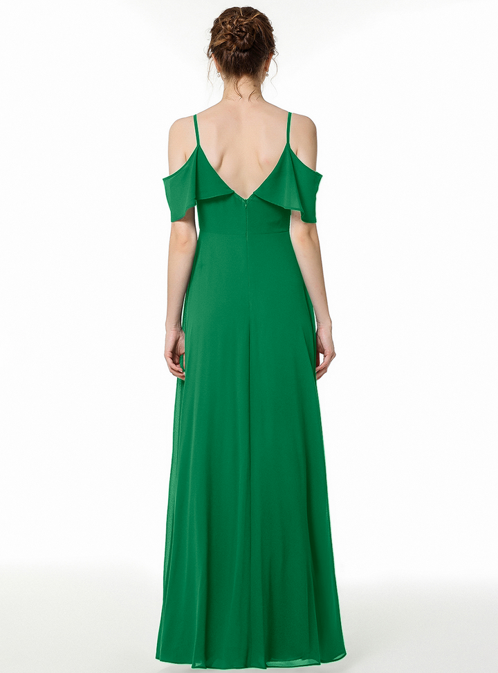 Cold-shoulder Pleated Chiffon Aline Floor-Length Dress Dark Green-koscy