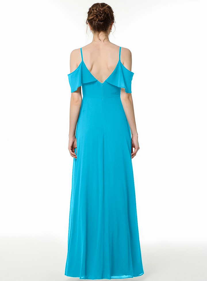 Cold-shoulder Pleated Chiffon Aline Floor-Length Dress Dark Green-koscy