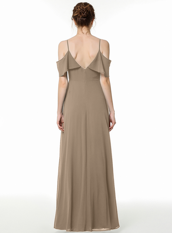 Cold-shoulder Pleated Chiffon Aline Floor-Length Dress Dark Green-koscy