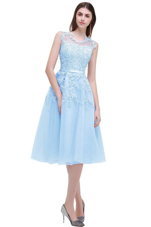 Chic Knee-Length Sleeveless Tulle Prom Dress With Lace Appliques