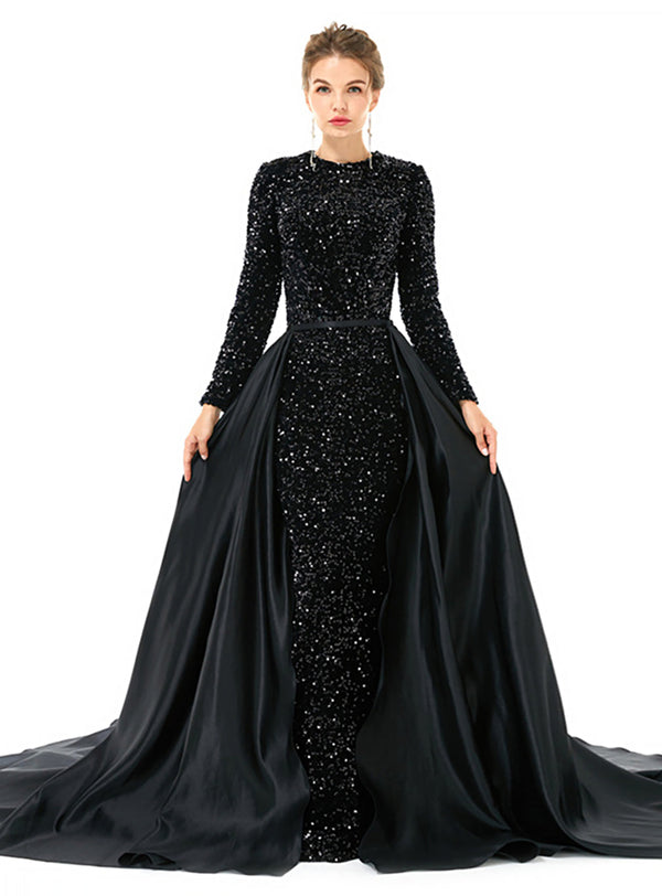 Crew Long Sleeves Sequins Floor-Length Dress-koscy