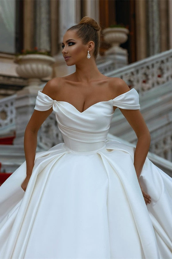 Bmbride Elegant Long Ball Gown Off Shoulder Satin Bridal Dress