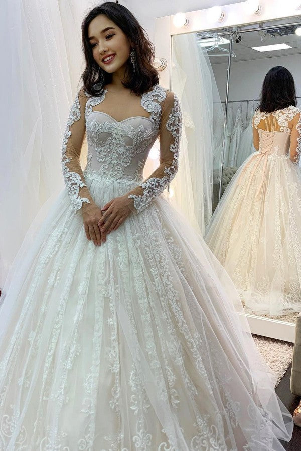 Bmbride Sweetheart Long Sleeve Lace Backless Tulle Wedding Dress