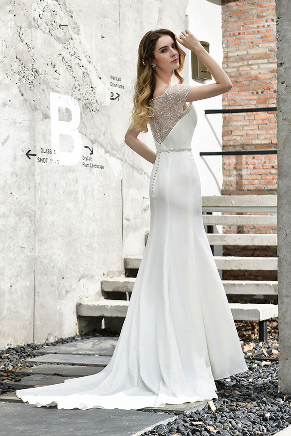 Bmbride Short-Sleeve Mermaid Satin Lace Bridal Gown