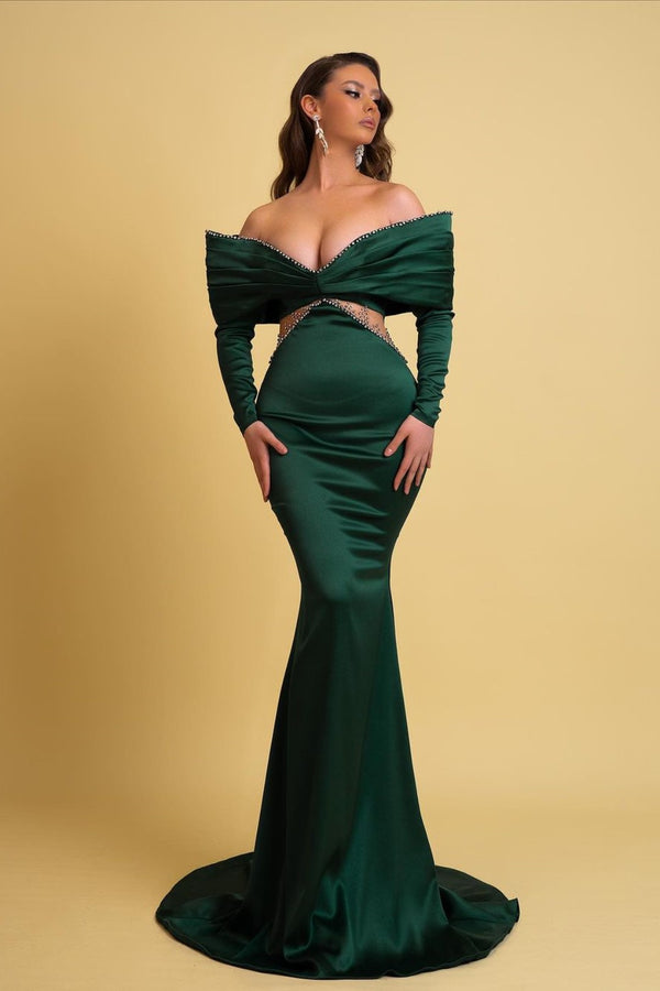 Emerald Green Prom Dress: Off-the-shoulder Charmeuse V Neck Mermaid