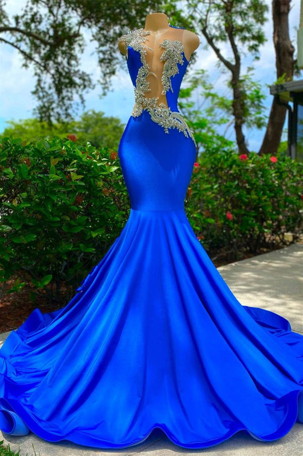 Sleeveless Sexy Cut Out Appliques Royal Blue Mermaid Prom Dress