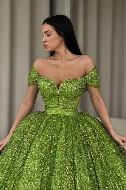 Off-The-Shoulder Ball Gown Evening Dress With Sequins in Green