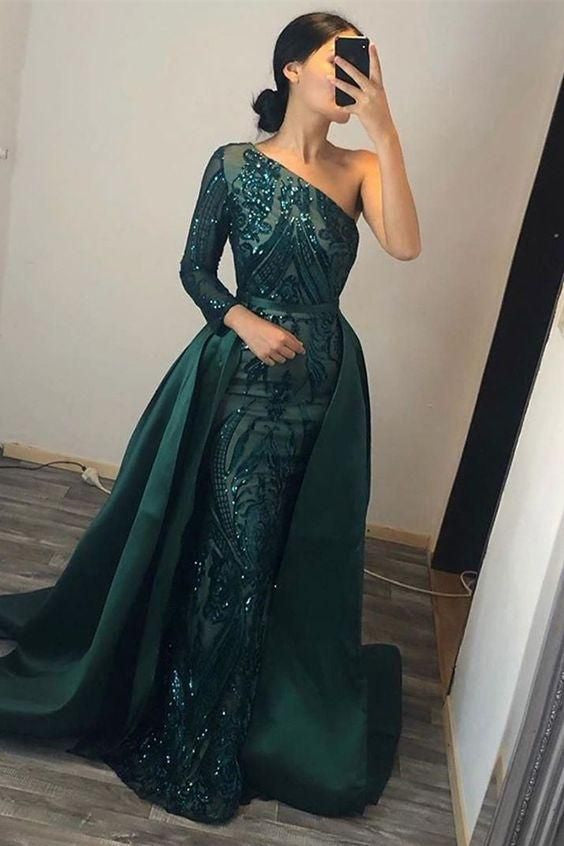 Dark Green One-Shoulder Overskirt Long Sleeve Mermaid Prom Dress With Sequins