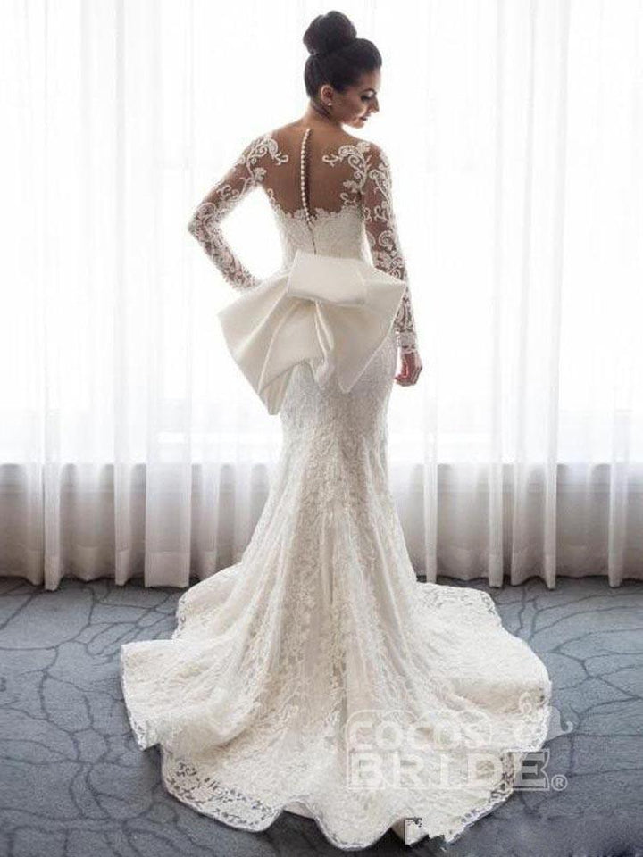 Bmbride Lace Mermaid Wedding Dresses with Long Sleeves