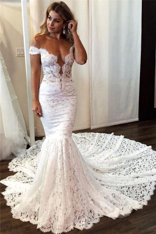 Bmbride Off the Shoulder Appliques Lace Floor-length Mermaid Wedding Dress