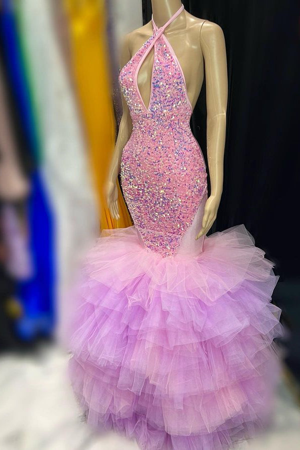 Sequins Mermaid Halter Sleeveless Tulle Prom Dress