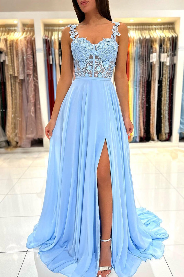 Baby Blue Sweetheart A-Line Lace Long Prom Dress with Slit