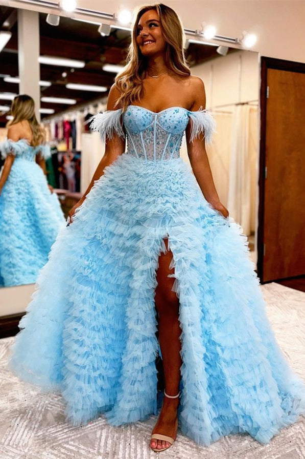 Feather Evening Dress V Neck With Slit Ball Gown Light Blue