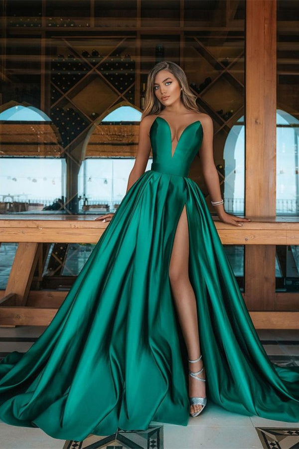 Long Emerald Green V-Neck Prom Dress with Split