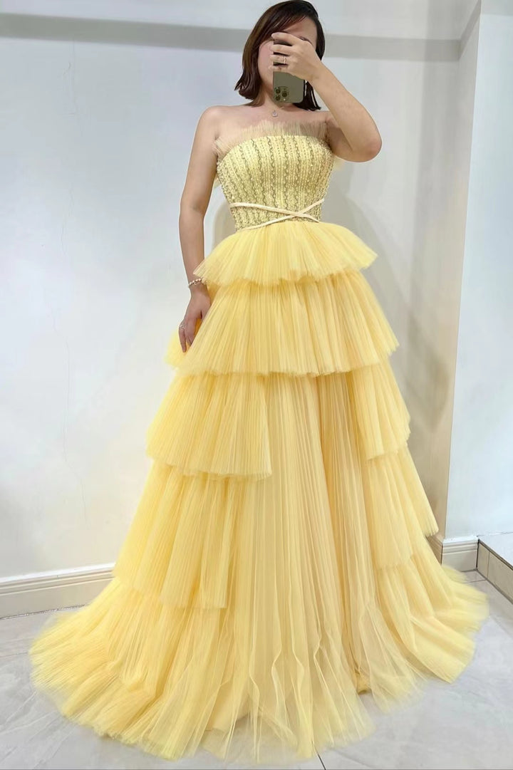 Daffodil Strapless Sleeveless Tulle Prom Dress With Layers