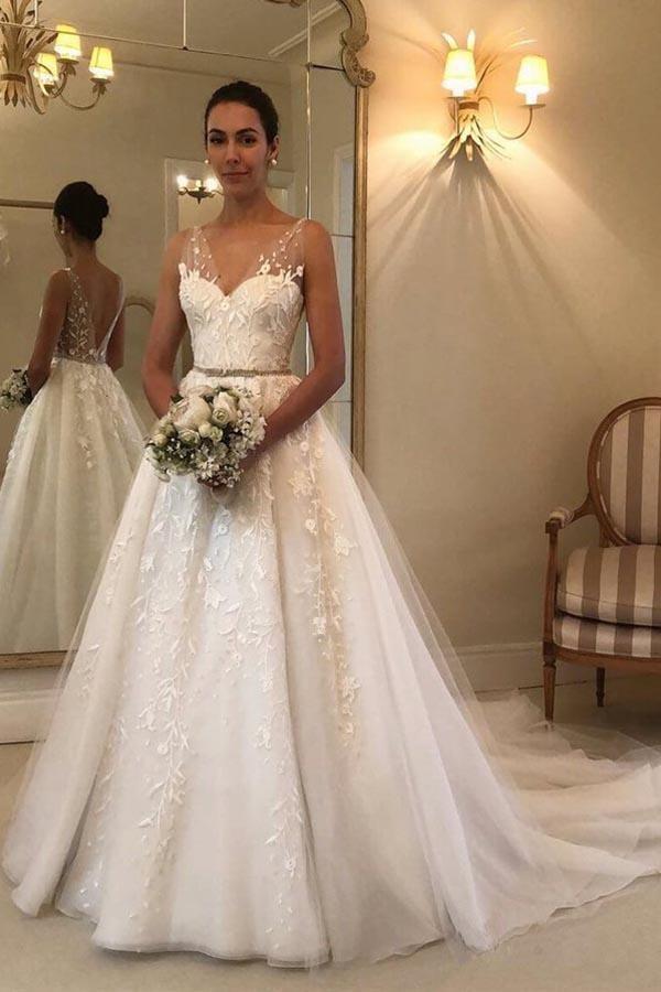 Bmbride V Neck Beach Wedding Dress with Lace Appliques