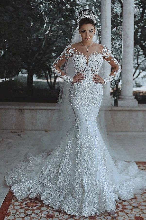 Bmbride White Lace Mermaid Long Sleeve Wedding Dresses