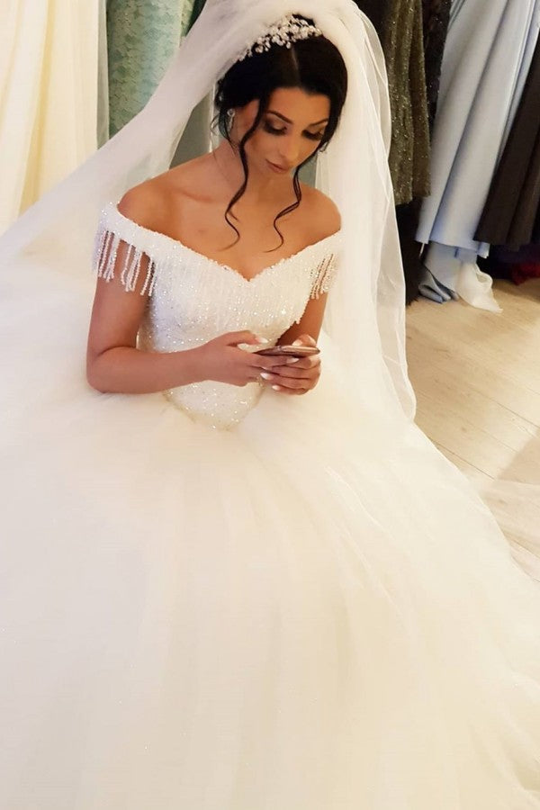 Bmbride Off-the-shoulder Beading Backless Tulle Floor-length Princess Wedding Dress With Tassel