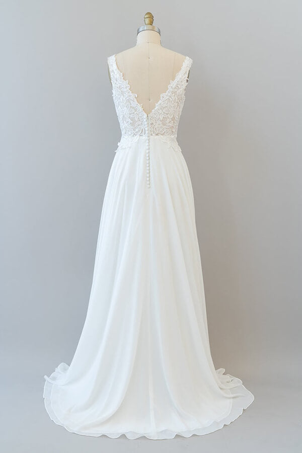 Bmbride Chiffon A-line Wedding Dress with V-neck Appliques